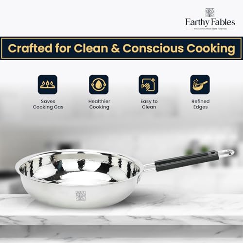 Earthy Fables Hammered Stainless Steel Frying Pan/Tawa/Tava – 0.67Kg, Food Safe, Toxin Free, Easy to Clean, Rust Resistant, Uses Less Oil & Gas, Stove & Induction Bottom, 20 cm, 1 L - Image 4