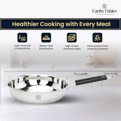 Earthy Fables Hammered Stainless Steel Frying Pan/Tawa/Tava – 0.67Kg, Food Safe, Toxin Free, Easy to Clean, Rust Resistant, Uses Less Oil & Gas, Stove & Induction Bottom, 20 cm, 1 L - Image 3