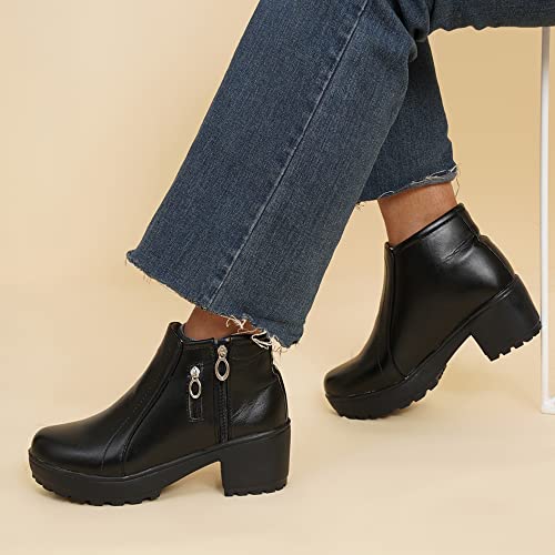 XE Looks 100% Vegan Leather Women's Black Ankle Boots | Zipper Closure with Block Heel | Comfortable & Durable Faux Leather Boots For Girls & Women - Image 4