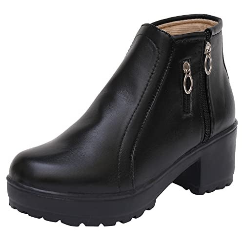 XE Looks 100% Vegan Leather Women's Black Ankle Boots | Zipper Closure with Block Heel | Comfortable & Durable Faux Leather Boots For Girls & Women - Image 1