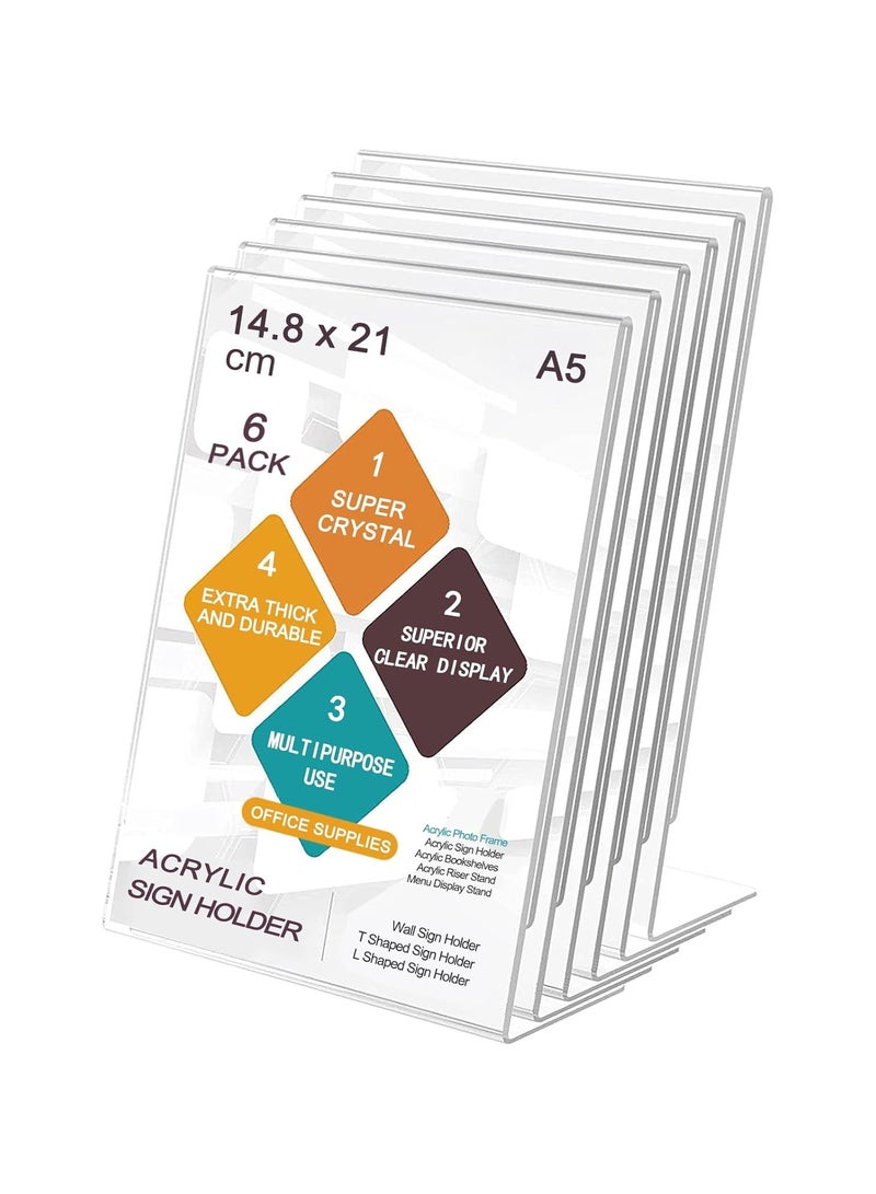 TPGP A5 Acrylic Sign Holder, 6pack L-Shape A5 Perspex Display Stand, Clear Poster Menu Holders for Office School Shop Restaurant - Image 1