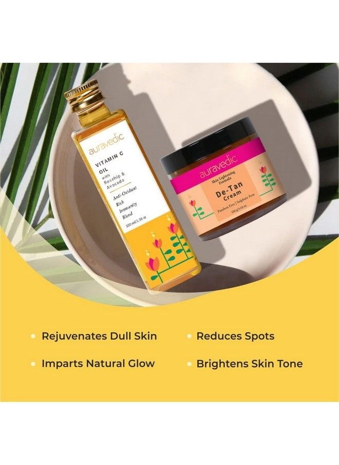 Auravedic - Vitamin C Oil Detan Cream Vitamin C Serum Oil With Rosehip Almond Oil De Tan Cream With Turmeric Licorice Papaya Face Cream For Glowing Skin All Natural Paraben Free 100Ml 100Gms - Image 1