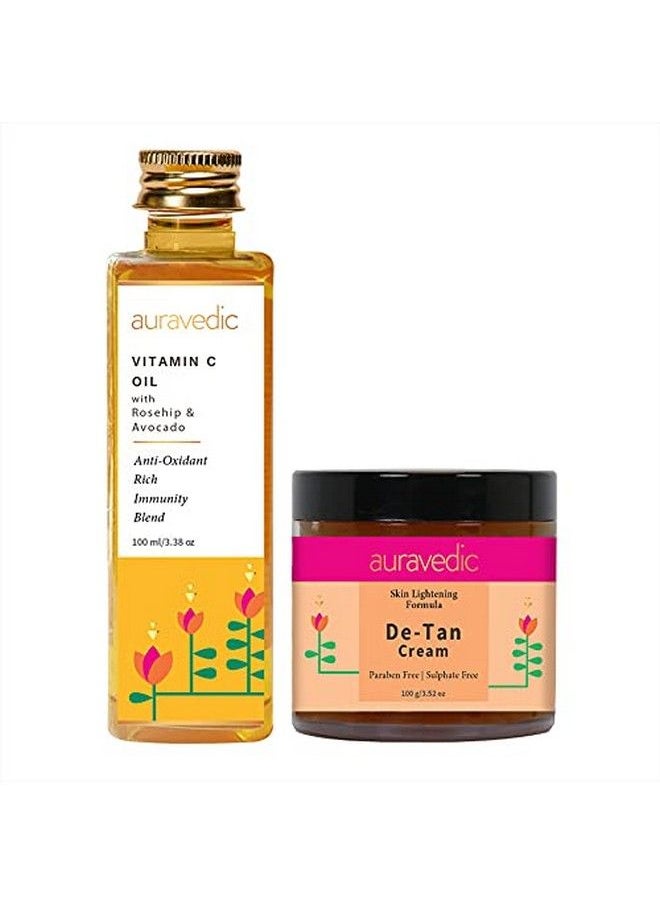 Auravedic - Vitamin C Oil Detan Cream Vitamin C Serum Oil With Rosehip Almond Oil De Tan Cream With Turmeric Licorice Papaya Face Cream For Glowing Skin All Natural Paraben Free 100Ml 100Gms - Image 1