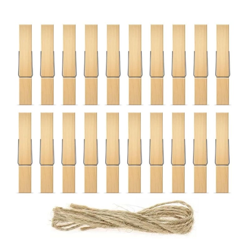 Prescent 20pc Mini Wooden Clips with Jute for Pictures, Gift Packaging, Art and Craft, DIY, Decoration and Much More (Natural Clips with Jute) - Image 1