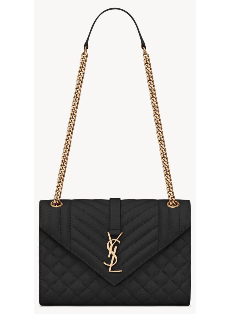 Yves Saint Laurent Envelope Medium Quilted Textured-leather Shoulder Bag, Women's Cross Body Bag, Women's Tote Bag, Women's Shoulder Bag, Women's Hand Bag, Women's Travel Bag, Black-Gold-21cm - Image 1