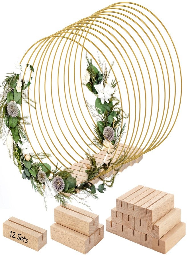 ZOOFOX 12 Pack Metal Floral Hoop Centerpiece with Stand, 12 Inch Large Metal Hoop for Crafts, Wreath Macrame Gold Hoop Rings for DIY Wedding Decor Dream Catcher - Image 1