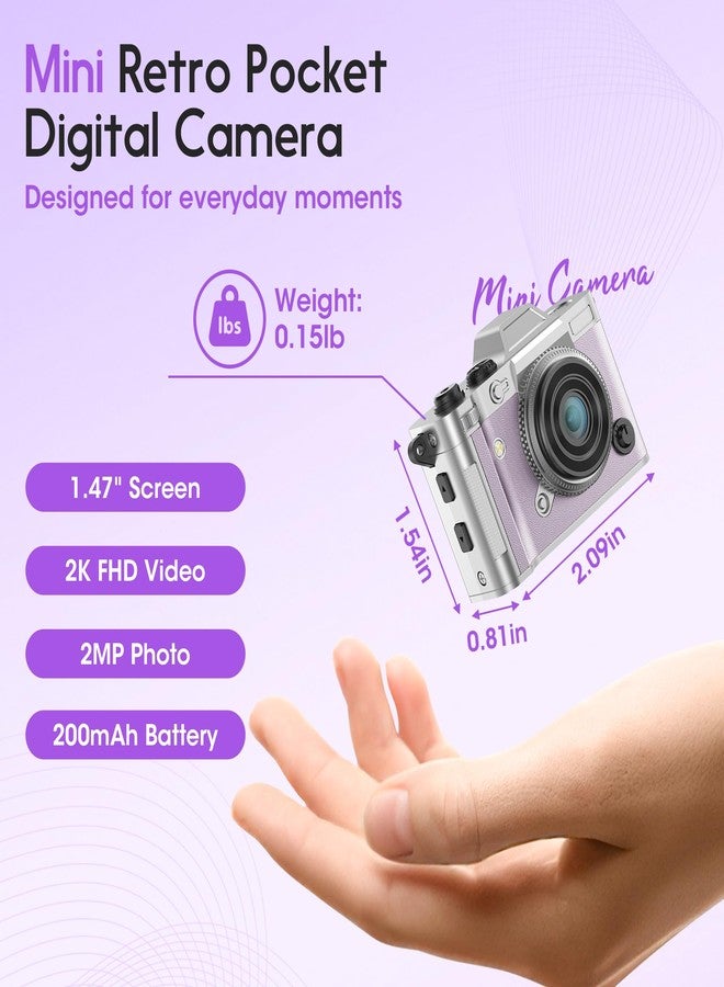 Dienspeak Portable Mini Digital Camera, Small Keychain Retro Camera for Kids Adults, Tiny Pocket Size 2K HD Video Recorder with 16GB Card, Cute Vintage Camcorder for Travel Camp Memories, Purple - Image 2