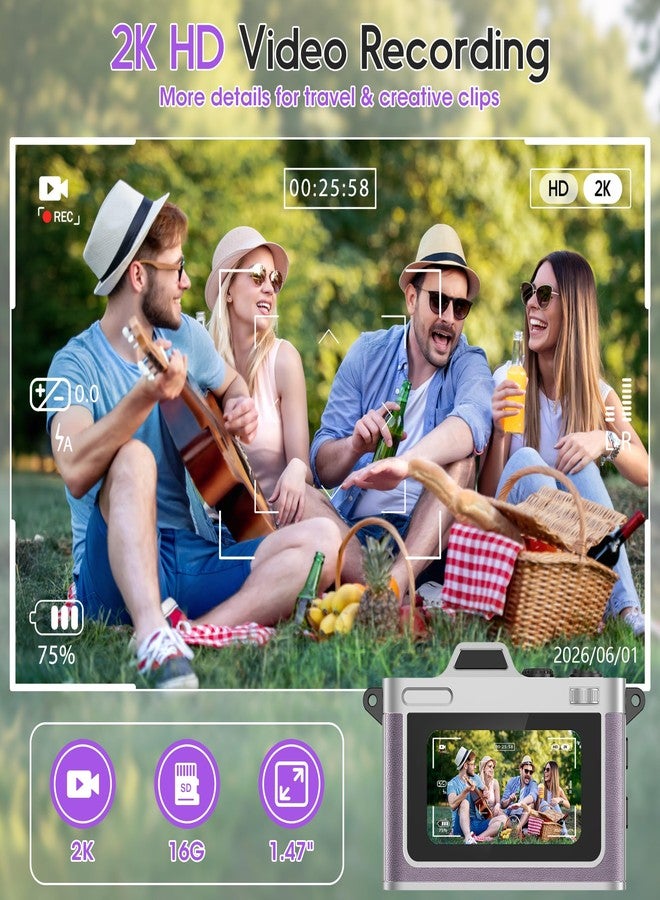 Dienspeak Portable Mini Digital Camera, Small Keychain Retro Camera for Kids Adults, Tiny Pocket Size 2K HD Video Recorder with 16GB Card, Cute Vintage Camcorder for Travel Camp Memories, Purple - Image 4