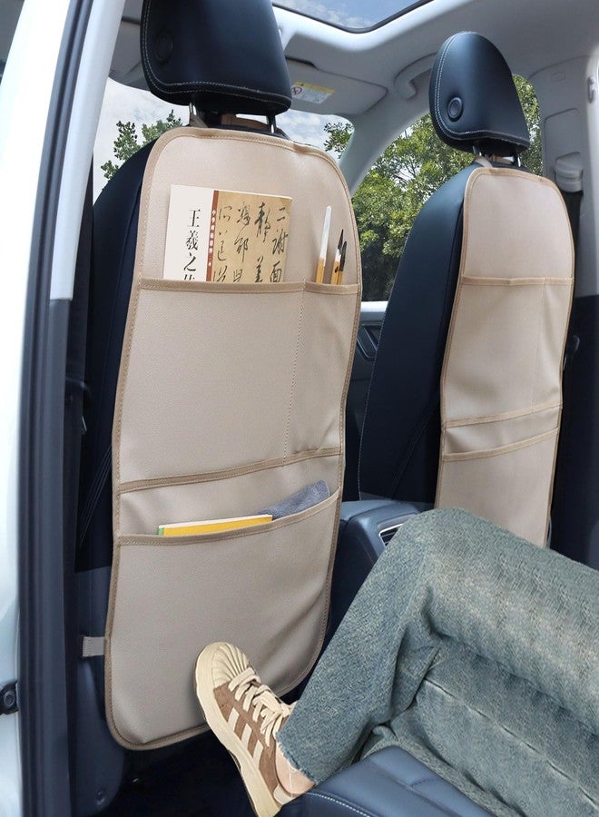 pefirst Kick Mat Back Seat Protector Waterproof Leather Car Seat Back Organizers Cover with 3 Storage Pockets for Kids Pets SUV Sedan Minivan Truck Car Travel Accessories (Beige 2-Pack) - Image 2