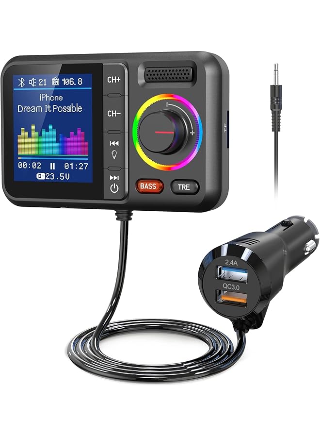 KASTWAVE Bluetooth Fm Transmitter For Car, Wireless Car Bluetooth V5.0 Adapter With Big Color Screen, For Hands-Free Calls, Supports Qc3.0 Charging, Mp3 Music Player Bass&Tre Booster, Tf Card Aux-Km28 - Image 1