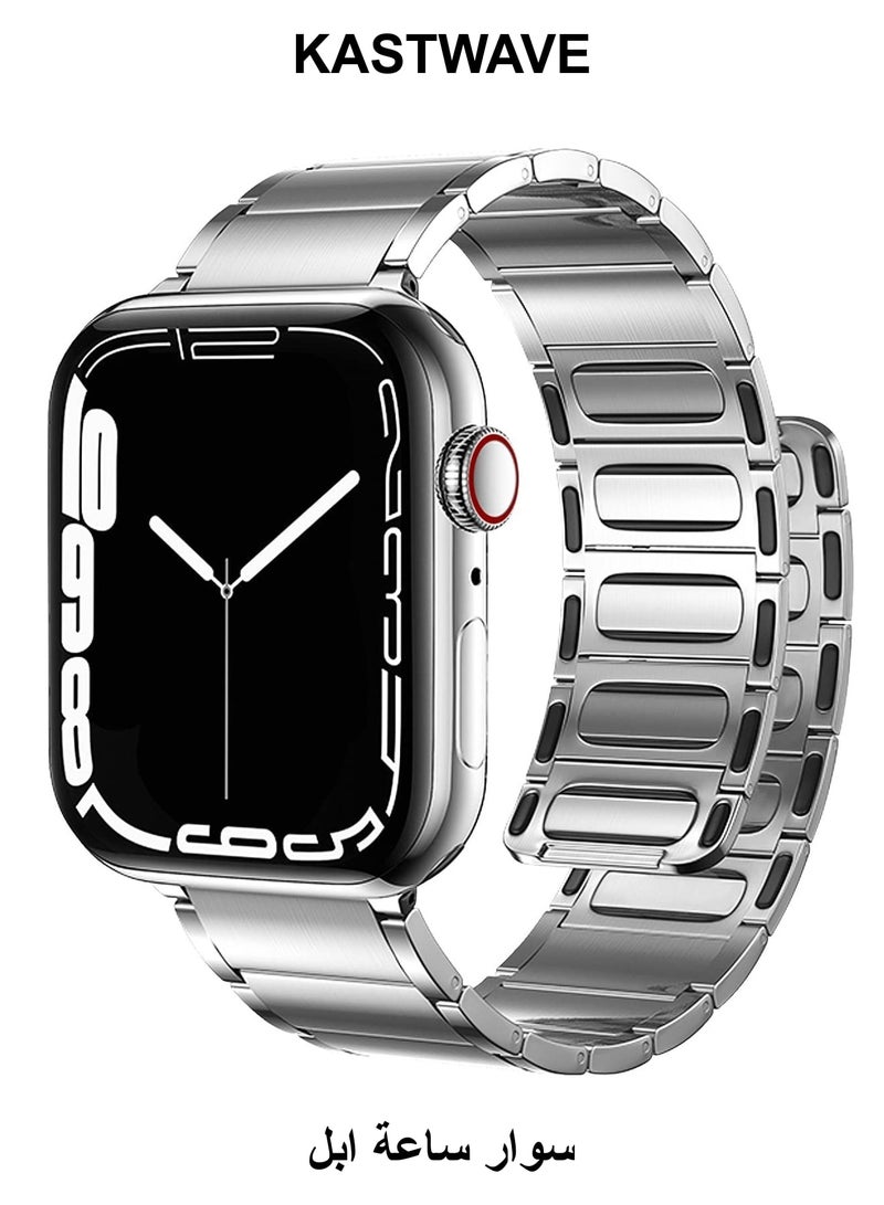 كاست ويف أشرطة معدنية متوافقة مع ساعة Apple Watch مقاس 45 مم/44 مم، أشرطة بديلة معدنية مغناطيسية لساعة iWatch، حزام من الفولاذ المقاوم للصدأ لسلسلة Apple Watch Series 7/6/5/4/SE (فضي) - Image 1