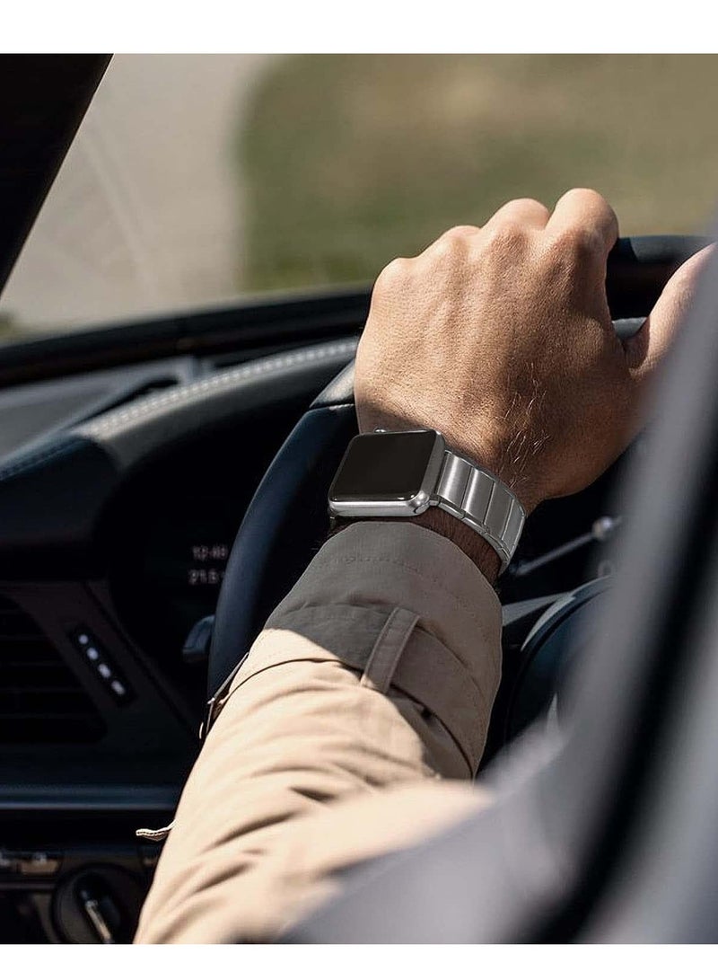 كاست ويف أشرطة معدنية متوافقة مع ساعة Apple Watch مقاس 45 مم/44 مم، أشرطة بديلة معدنية مغناطيسية لساعة iWatch، حزام من الفولاذ المقاوم للصدأ لسلسلة Apple Watch Series 7/6/5/4/SE (فضي) - Image 4