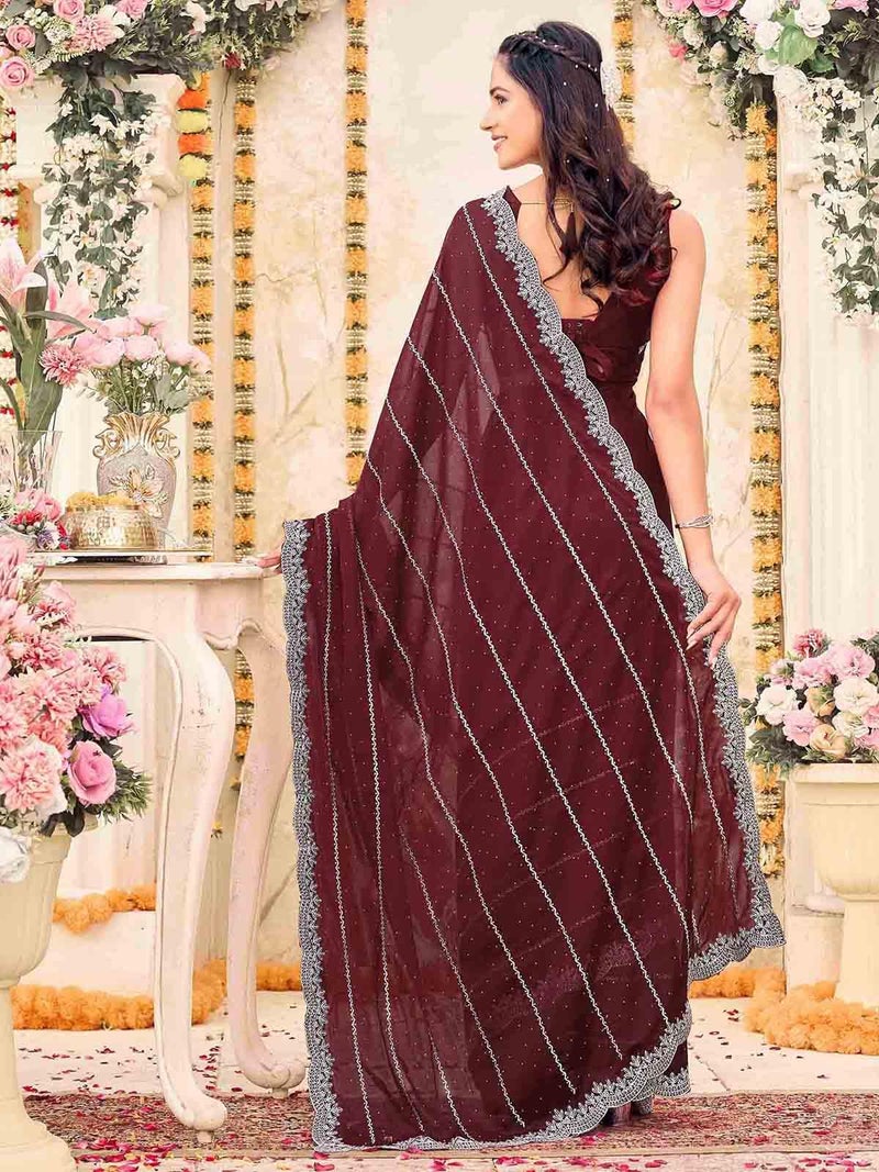 Satrani Women's Shimmer Georgette Scalloped Border Stone Work Embroidery Saree with Unstitched Blouse Piece (4925S613N_Maroon) - Image 3