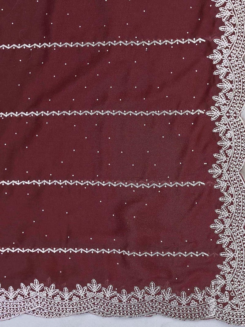 Satrani Women's Shimmer Georgette Scalloped Border Stone Work Embroidery Saree with Unstitched Blouse Piece (4925S613N_Maroon) - Image 5