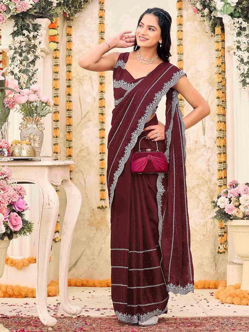 Satrani Women's Shimmer Georgette Scalloped Border Stone Work Embroidery Saree with Unstitched Blouse Piece (4925S613N_Maroon) - Image 2