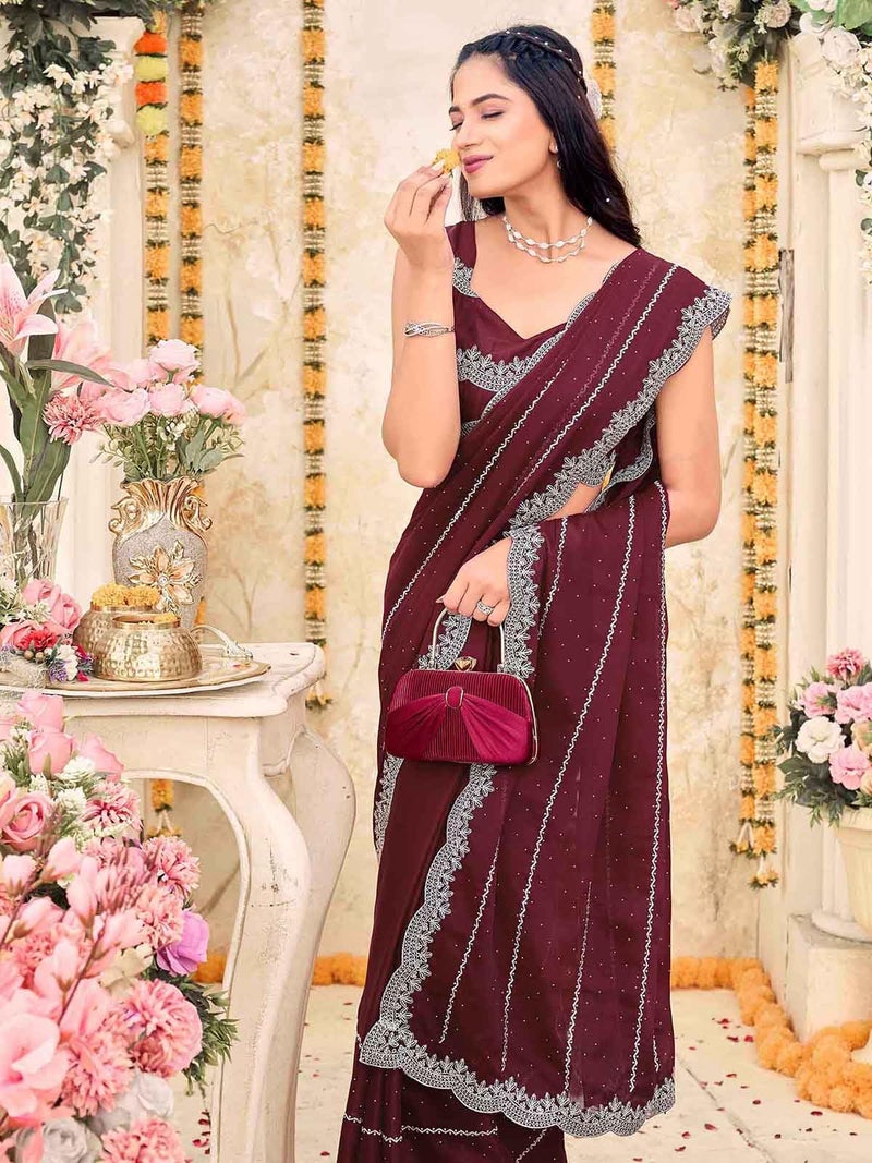 Satrani Women's Shimmer Georgette Scalloped Border Stone Work Embroidery Saree with Unstitched Blouse Piece (4925S613N_Maroon) - Image 4