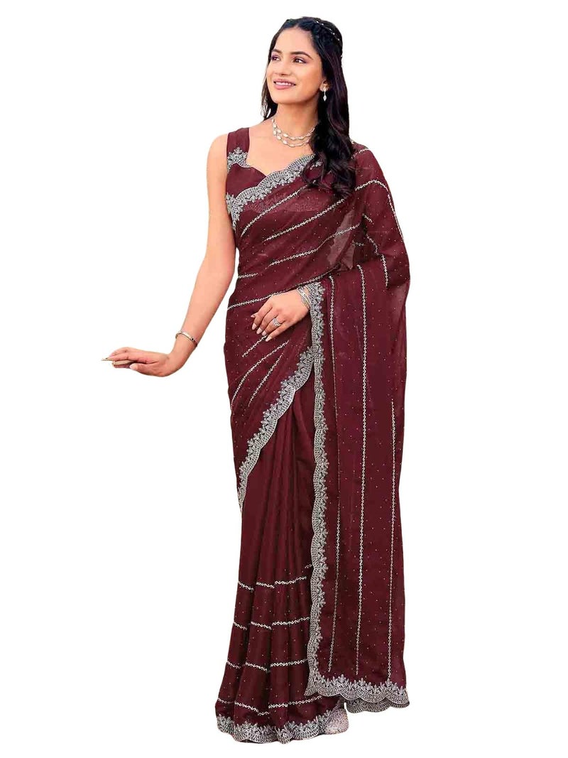 Satrani Women's Shimmer Georgette Scalloped Border Stone Work Embroidery Saree with Unstitched Blouse Piece (4925S613N_Maroon) - Image 1