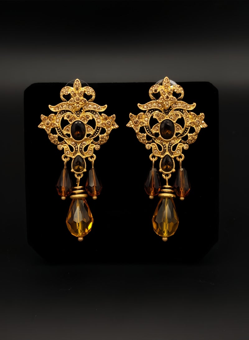 Handcrafted Vintage Pattern Gold-Plated Pendant Earrings — Shiny Brown & Yellow Decorative Stones (For Work & Daily Wear) - Image 2