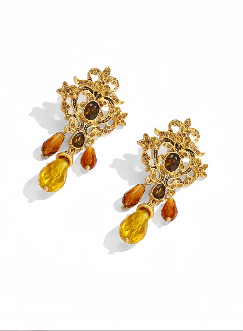 Handcrafted Vintage Pattern Gold-Plated Pendant Earrings — Shiny Brown & Yellow Decorative Stones (For Work & Daily Wear) - Image 5