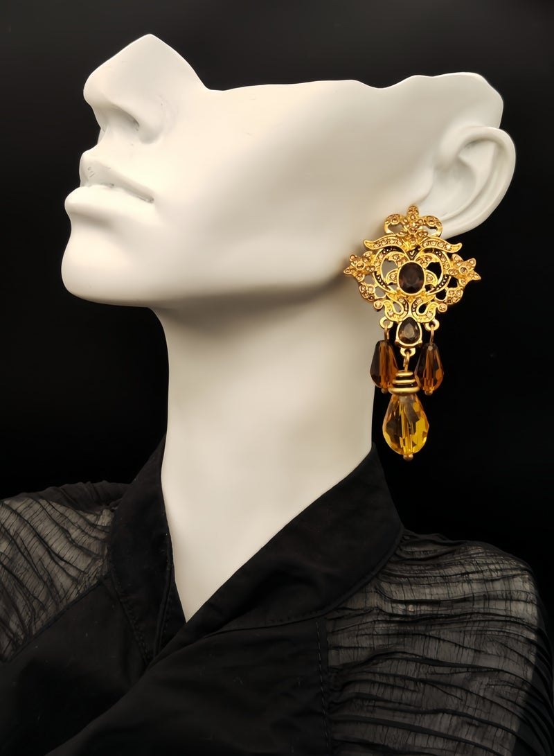 Handcrafted Vintage Pattern Gold-Plated Pendant Earrings — Shiny Brown & Yellow Decorative Stones (For Work & Daily Wear) - Image 3