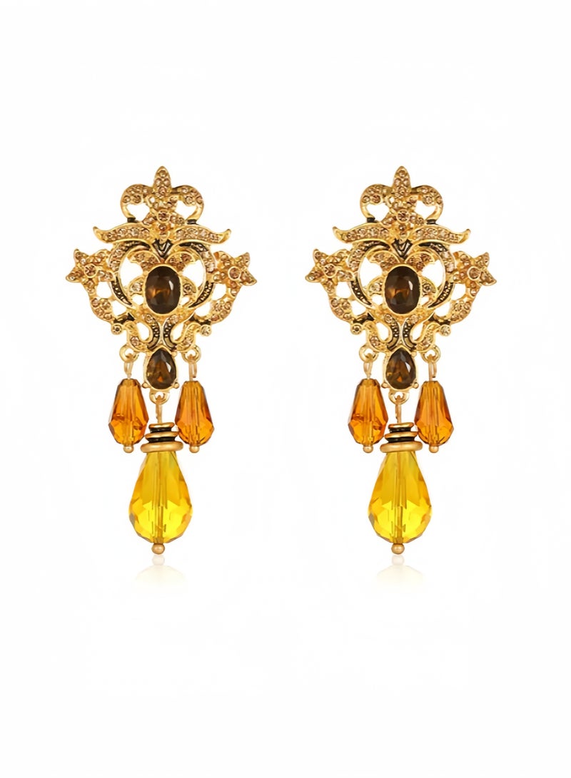 Handcrafted Vintage Pattern Gold-Plated Pendant Earrings — Shiny Brown & Yellow Decorative Stones (For Work & Daily Wear) - Image 1