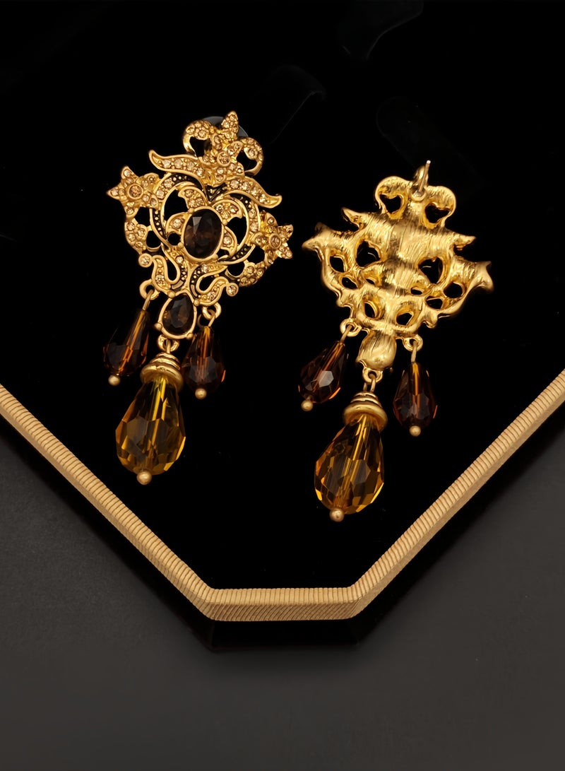 Handcrafted Vintage Pattern Gold-Plated Pendant Earrings — Shiny Brown & Yellow Decorative Stones (For Work & Daily Wear) - Image 4