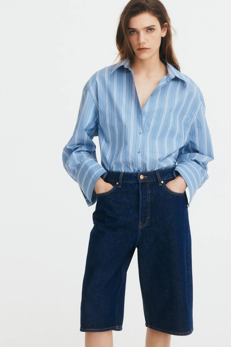 اتش اند ام شورت بخصر عالي وطول يصل للركبة من الدنيم