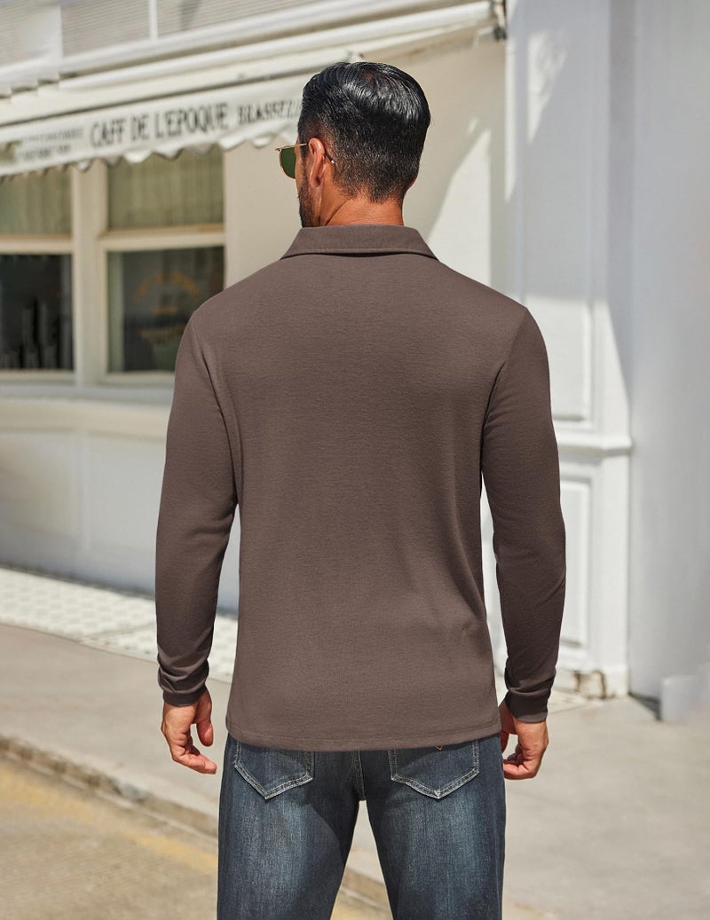 COOFANDY Mens Casual Polo Shirts Button Basic Long Sleeve Shirt Solid Color Collared Golf Shirt Brown - Image 3