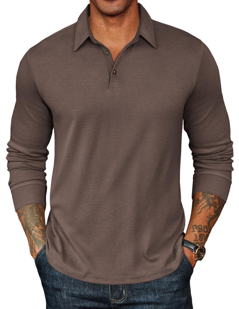 COOFANDY Mens Casual Polo Shirts Button Basic Long Sleeve Shirt Solid Color Collared Golf Shirt Brown - Image 1