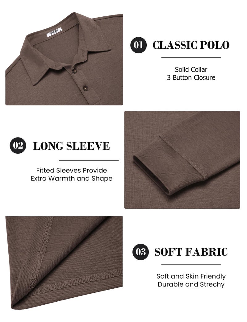 COOFANDY Mens Casual Polo Shirts Button Basic Long Sleeve Shirt Solid Color Collared Golf Shirt Brown - Image 5