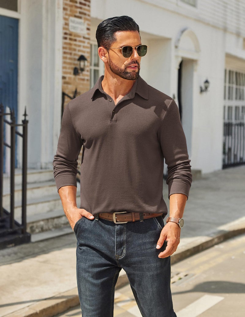 COOFANDY Mens Casual Polo Shirts Button Basic Long Sleeve Shirt Solid Color Collared Golf Shirt Brown - Image 4
