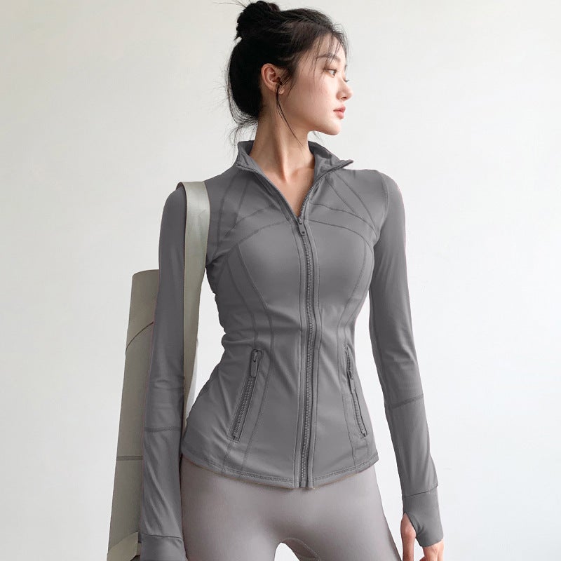 Generic Advanced Yoga Suit Coat Womens Running and Cycling Long-sleeved Sports Top Slimming Pilates Fitness Suit Autumn and Winter Sea rock gray