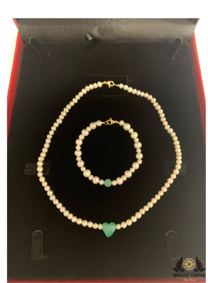 Miracle Empire Unique Exclusive Ladies Necklace Bracelet Set Handmade Of Natural 5-7Mm Pearls, 2 Emeralds Middle Heart Shape A 18K Gold Plated Clasp  - Image 1