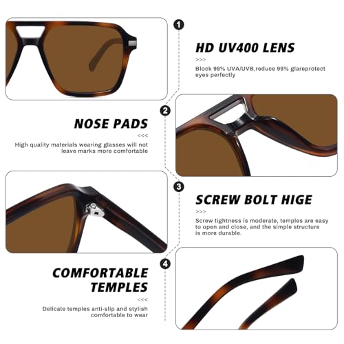 Fozono Retro Aviator Sunglasses for Women Men Trendy Classic Square 70s 80s 90s Vintage Shades Double Bridge Aviators FZN813 Tortoise/Brown - Image 5