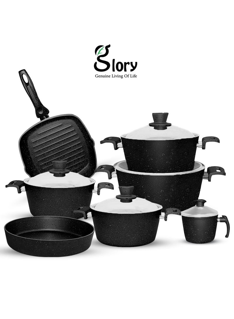 جلوري طقم حلل جرانيت غير لاصق ايكو 12ق 4 حلة (18-20-24-28) +جريل 28 + صينية 26 + لبانة 16 اسود