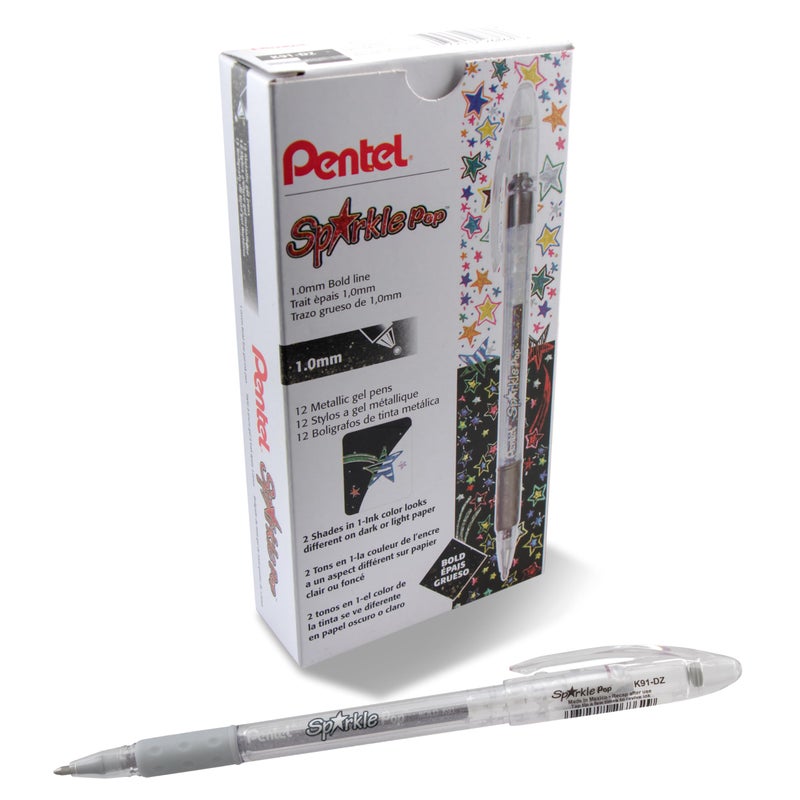 Pentel Sparkle Pop Metallic Gel Pen, (1.0mm) Bold Line, Silver, Box of 12 Pens (K91-DZ) - Image 1