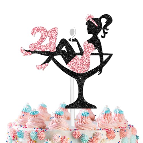 Lisimy Sitting Girl Cake Topper Picks for Girl Lady 21st Birthday Makeup Spa Theme Party Decoration Supplies 21 Silhouette High Heeled Cake Decor Rose Gold Glitter - Image 1