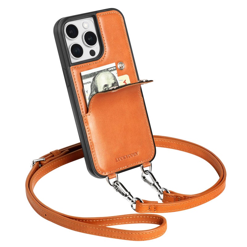 LUCKYCOIN Crossbody Wallet Phone Case for iPhone 15 Pro Max,Genuine Leather Wallet Phone Case with Card Holder,Phone Purse with Adjustable & Removable Strap,Travel Trendy Purses for Women - Brown - Image 1