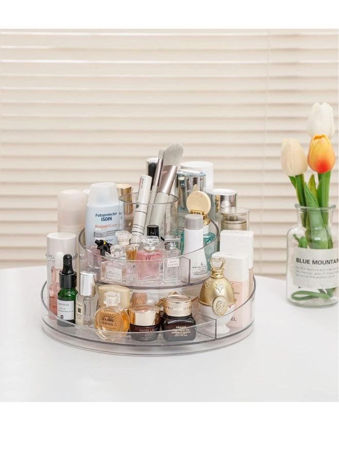 2-Tier 360 Degree Rotating Acrylic Makeup Organizer for Perfume and Jewelry, Large Cosmetic Box for Bedroom, Bathroom, Office, Vanity Cosmetic Organizer, Clear