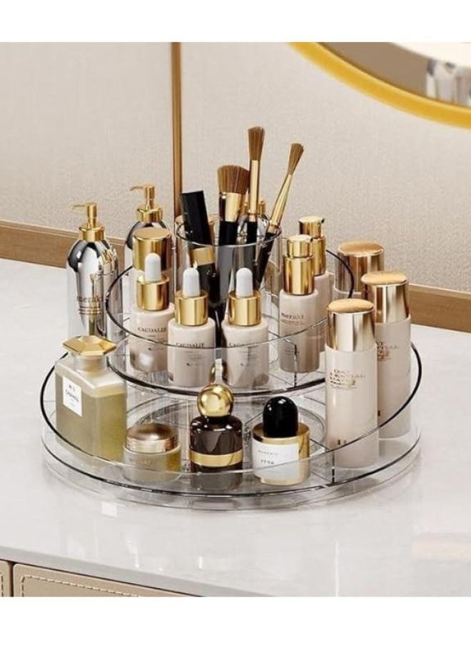 2-Tier 360 Degree Rotating Acrylic Makeup Organizer for Perfume and Jewelry, Large Cosmetic Box for Bedroom, Bathroom, Office, Vanity Cosmetic Organizer, Clear