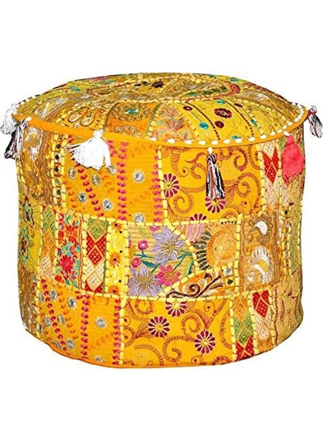 Aakriti Gallery Indian Pouf Footstool Ethnic Embroidered Pouf Cover, Indian Cotton Round Pouffe Ottoman Pouf Cover Pillow Ethnic Decor Art - Cover Only (Yellow, 18X13) - Image 1