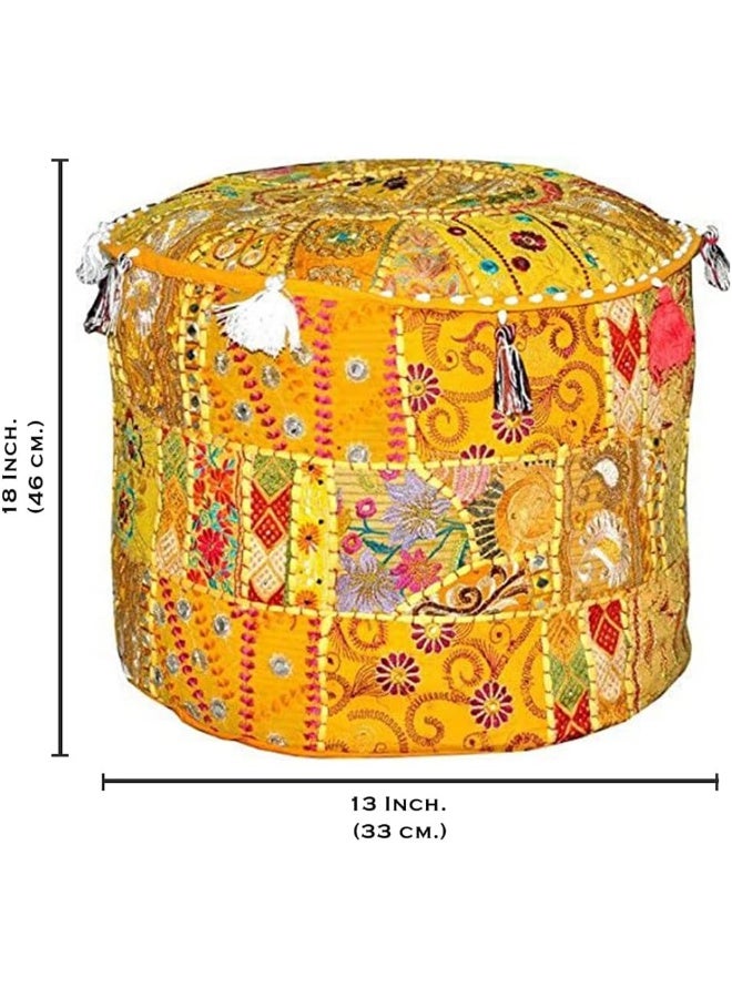 Aakriti Gallery Indian Pouf Footstool Ethnic Embroidered Pouf Cover, Indian Cotton Round Pouffe Ottoman Pouf Cover Pillow Ethnic Decor Art - Cover Only (Yellow, 18X13) - Image 3