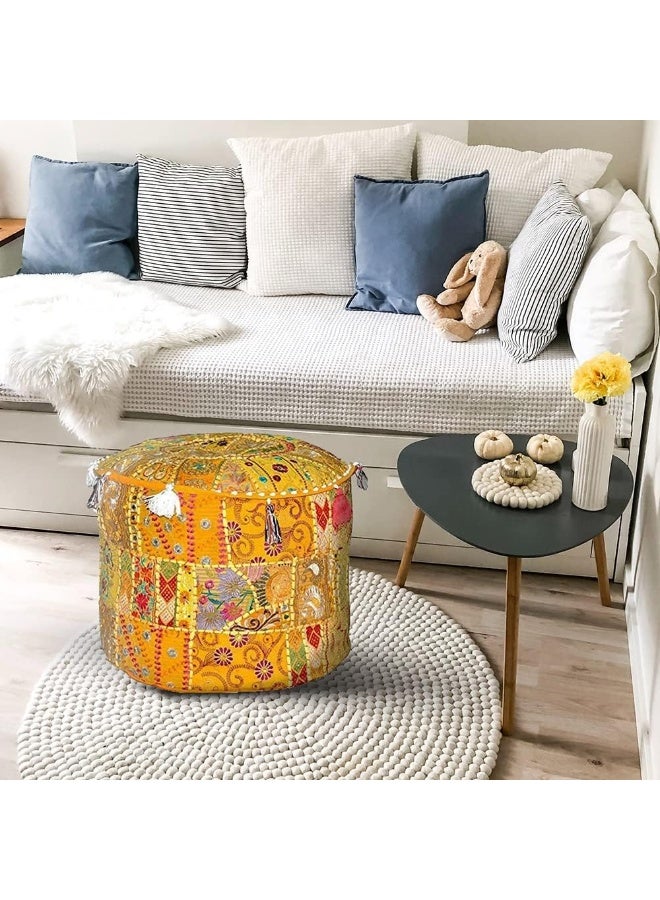 Aakriti Gallery Indian Pouf Footstool Ethnic Embroidered Pouf Cover, Indian Cotton Round Pouffe Ottoman Pouf Cover Pillow Ethnic Decor Art - Cover Only (Yellow, 18X13) - Image 2