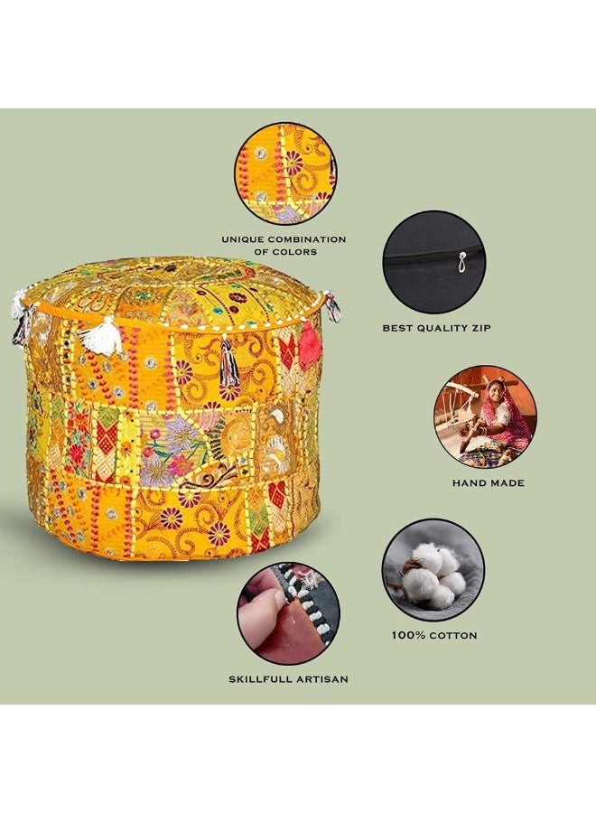 Aakriti Gallery Indian Pouf Footstool Ethnic Embroidered Pouf Cover, Indian Cotton Round Pouffe Ottoman Pouf Cover Pillow Ethnic Decor Art - Cover Only (Yellow, 18X13) - Image 4