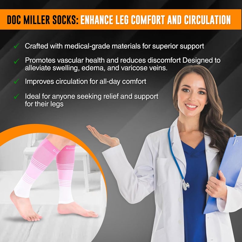 Doc Miller Compression Calf Sleeve for Men & Women, 20-30 mmHg Graduated Support, Knee High, Running, Shin Support, Calf Sleeves, Striped Design, 1 Pair - Image 5