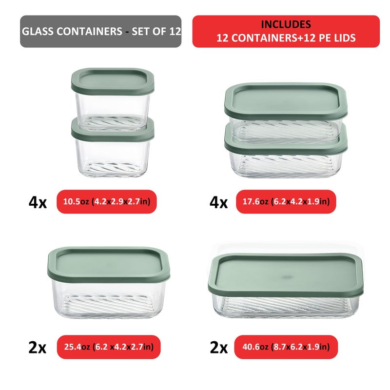 EATEX 12 Pack Glass Meal Prep Containers with Grooved Base, 12 Stackable BPA Free Glass Storage Containers with Lids for Lunch, Pantry, and Kitchen - Microwave, Dishwasher Freezer & Oven Safe - Sage - Image 2