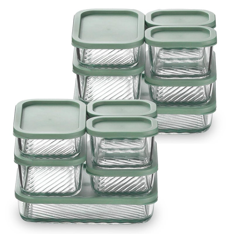 EATEX 12 Pack Glass Meal Prep Containers with Grooved Base, 12 Stackable BPA Free Glass Storage Containers with Lids for Lunch, Pantry, and Kitchen - Microwave, Dishwasher Freezer & Oven Safe - Sage - Image 1