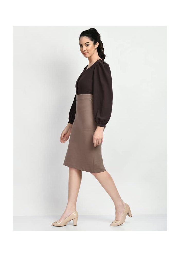 Exude Brown Midi Block Straight Dress for Women - Image 2