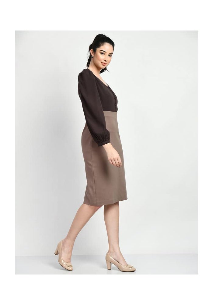 Exude Brown Midi Block Straight Dress for Women - Image 3