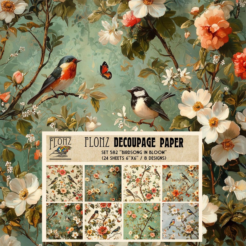 Decoupage Paper Pack (24 Sheets 6"x6") Birdsong in Bloom: Whimsical Birds and Blossoms in Soft Hues, Perfect for Nature-Inspired Crafting # Vintage Styled Paper for Craft and Scrapbooking